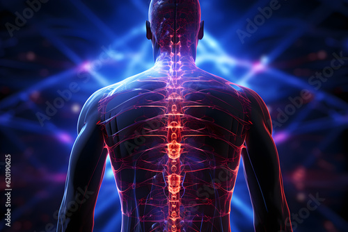 3D render of a human body with a spine and nerve x-ray section. Generative AI.