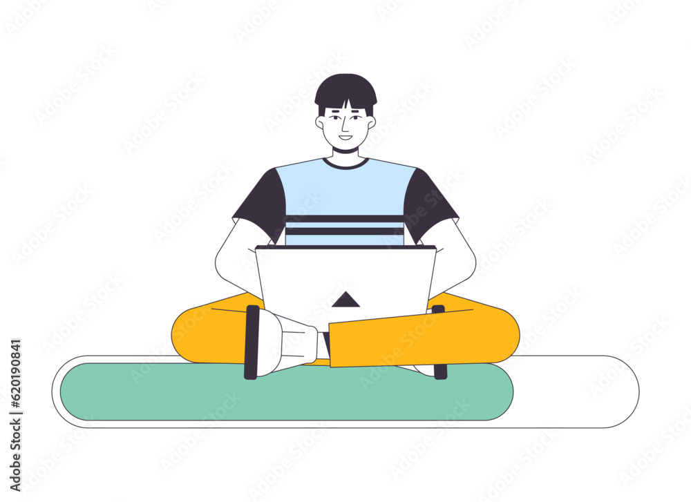 Programmer sitting on loading bar flat design. Asian guy sitting with ...