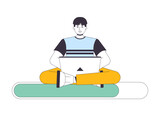 Programmer sitting on loading bar flat design. Asian guy sitting with laptop and working. Web loader ui ux. Please wait. Graphical user interface. Cartoon vector illustration on white background