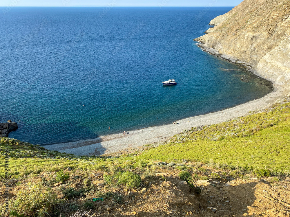 Hide angle view of Blue bay (Mavi Koy) seascape next to Gokceada Yildiz Bay underwater national park. Imbros island, Canakkale, Turkey