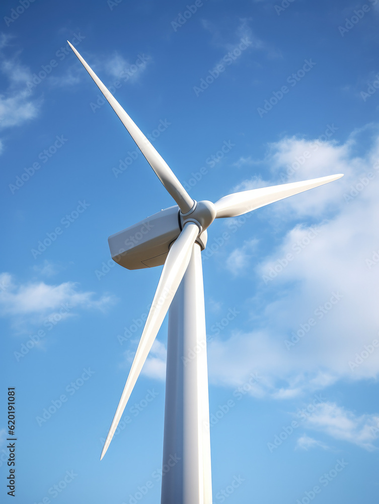 Close up of a wind turbine against sky, generative ai Close up of a wind turbine against sky, generative ai