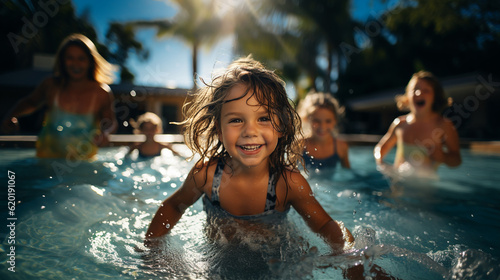 Children take fun in the pool. Vacation concept. Generative Ai © Vika art