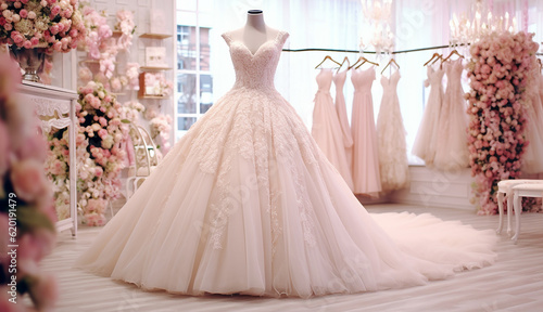 Closeup pink wedding dress in bridal salon room background. Banner. Front view of stylish dress for wedding day. Beautiful clothes for bride. Copy Space. Ai generative