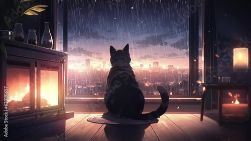 A black cat sitting on the window looking at the rain in the city at night, in the style of anime art, loop animation photo