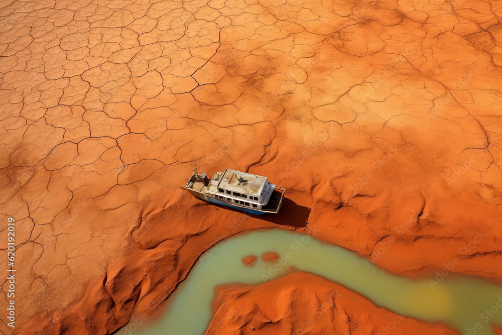 Φωτογραφία Aerial view of a fishing boat in a dry lake - Global Warming