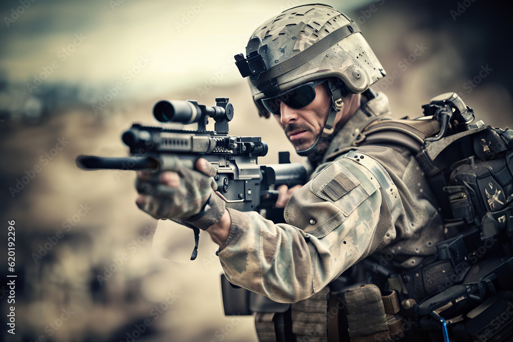 WAR SERIES, Closeup Picture of Soldier with Raised Rifle in Combat, created with Generative AI technology WAR SERIES, Closeup Picture of Soldier with Raised Rifle in Combat, created with Generative AI technology