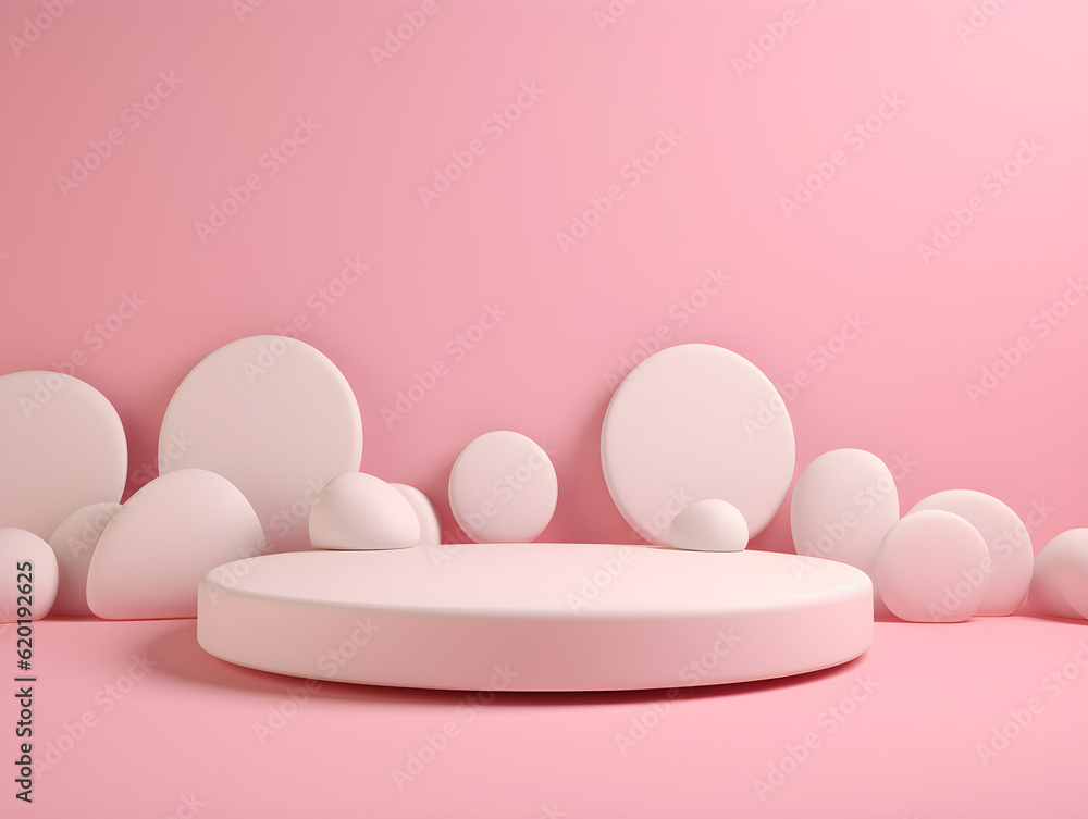 Pink display cabinet decorated with white round stones behind a white podium.
 Generative AI. Illustration