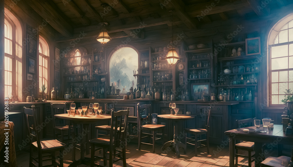 Medieval tavern with various bottles of alcohol, Generative AI.
