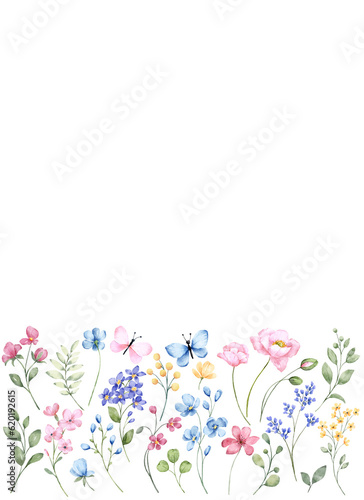Fototapeta Naklejka Na Ścianę i Meble -  Floral background for greeting card, invitation and other printing design. Watercolor flowers isolated on white. Hand drawing.