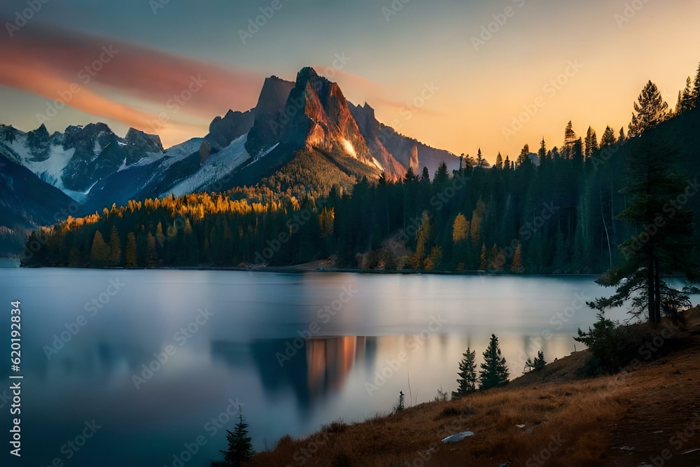 sunset in the mountains , autumn forest in the morning	
