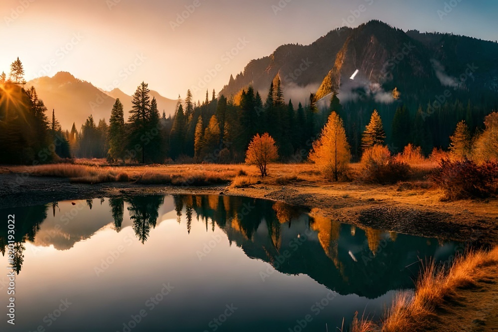 sunset in the mountains , autumn forest in the morning	
