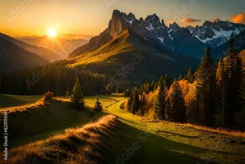 sunset in the mountains , autumn forest in the morning 