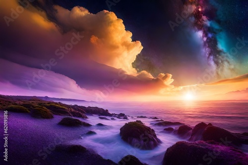 Nature in twilight period which including of sunrise over the sea and the nice beach. Summer beach with blue water and purple sky at the sunset