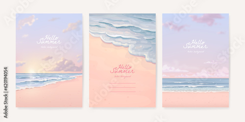 Set of beautiful vertical banner, poster or card design template with sandy summer beach and sea waves. Set of nature landscape background. Vector illustration