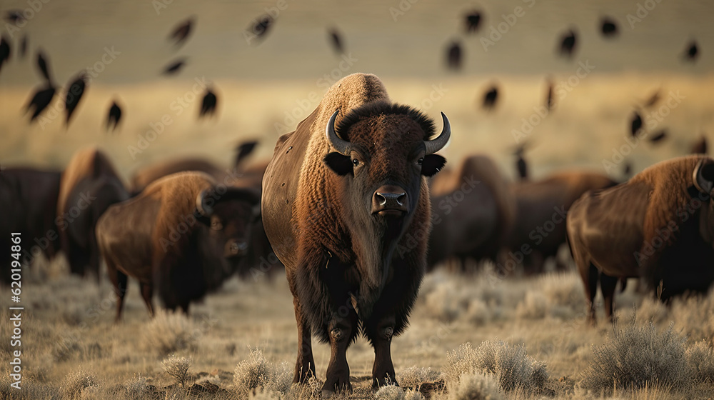 an american bison with black birds in the background. Generative AI an american bison with black birds in the background. Generative AI