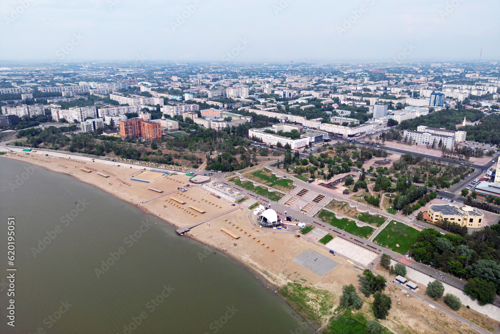 new embankment on the bank of the Irtysh river in city of Pavlodar, Kazakhstan. top view from the drone from above