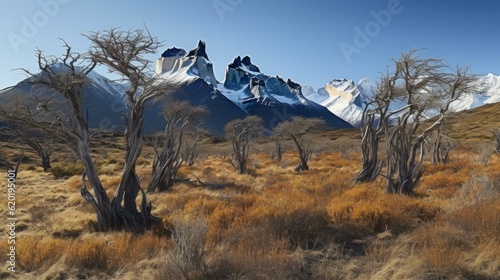dead and dried up trees and in the background is a large snow-capped mountain. Generative AI