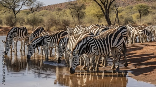 a lot of zebras stand at a waterhole in the dry savannah. Generative AI