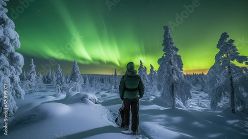 back view of a man with a green jacket in winter in the snow admires the northern lights. Generative AI