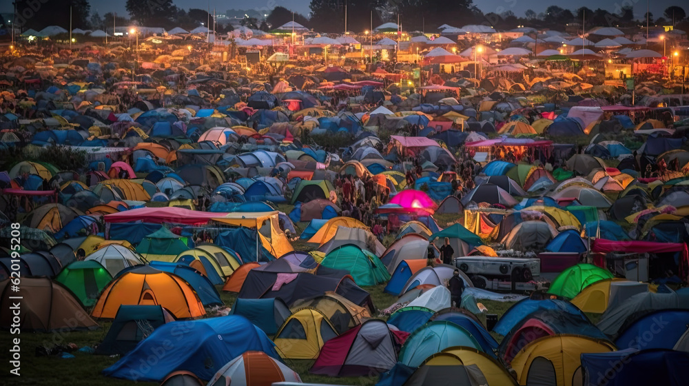 a large tent city on a site at a music festival. Generative AI