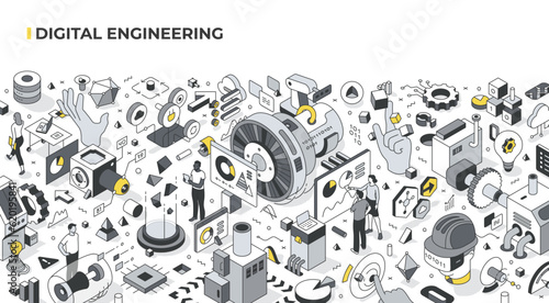 Digital Engineering Isometric Illustration. Industry 4.0
