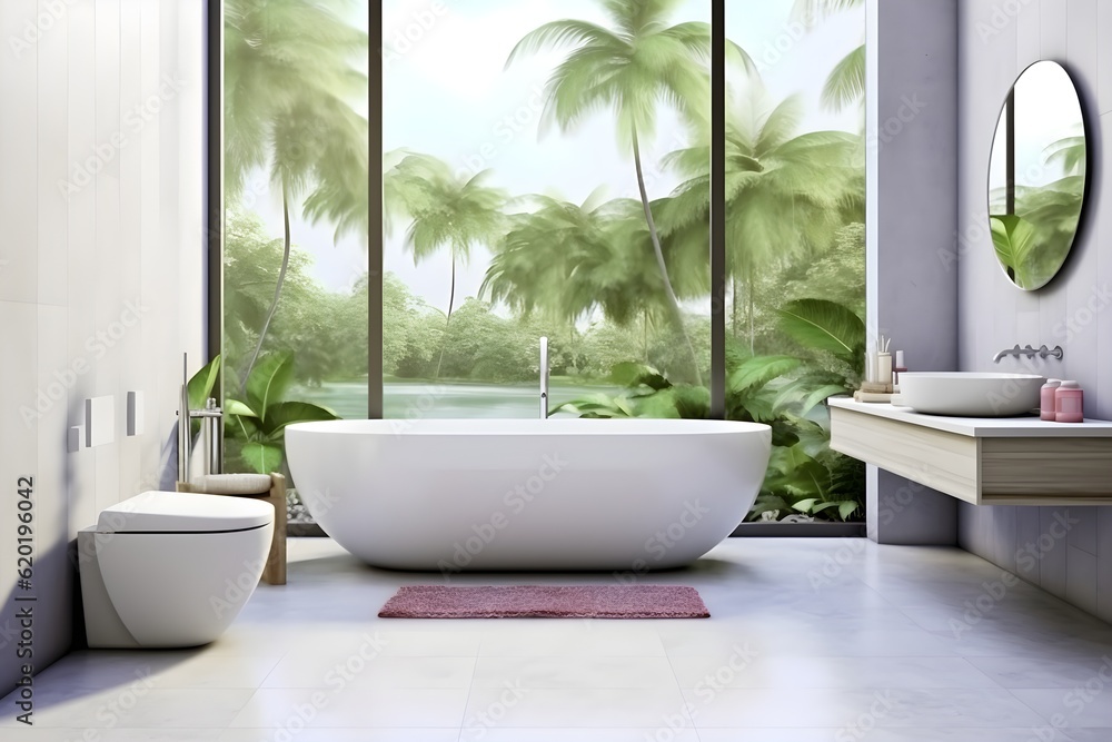 Fototapeta premium interior design of Modern bathroom interior with wooden decor in eco style. created generative AI