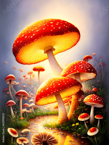 Red fly mushrooms in a dreamy, fantasy mood. like a fairytale in a landscape with beautiful muted colors