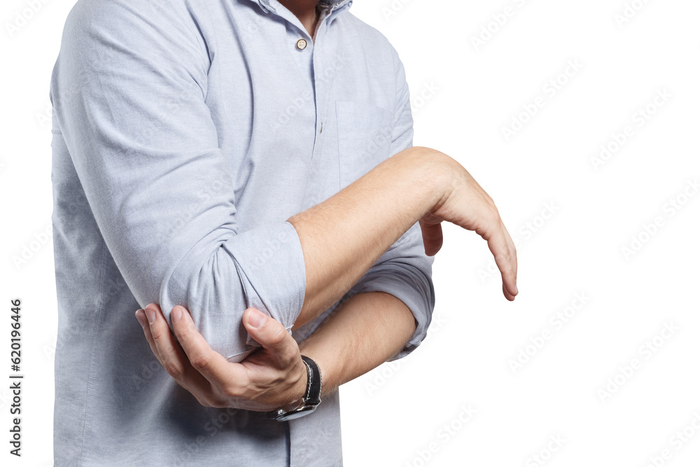 Man feeling a pain in his elbow, cut out