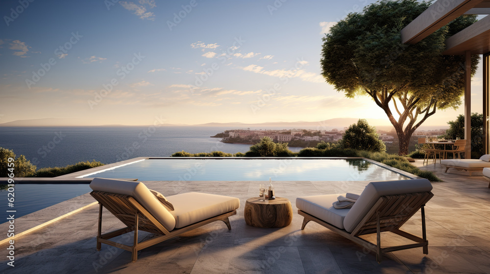 sun loungers by the pool of a luxury villa located directly on the beach. Generative AI