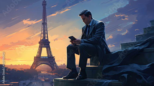 a businessman sits on stairs at sunset in france in paris in the background is the eiffel tower. creative illustration. Generative AI