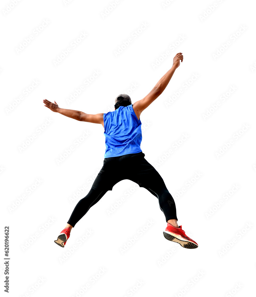 Asian man running and jumping on transparent background