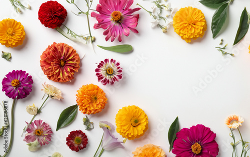Flat lay of fresh flowers on white background MADE OF AI