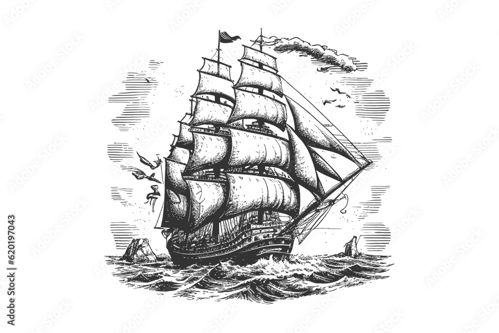 Pirate ship sailboat retro sketch hand drawn. Vector illustration ...