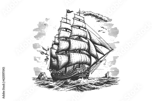 Fototapeta Pirate ship sailboat retro sketch hand drawn