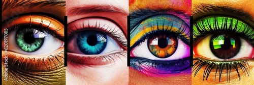 Diversity. Collage made of close-up male and female eyes isolated on colored neon backgorund. Generative ai