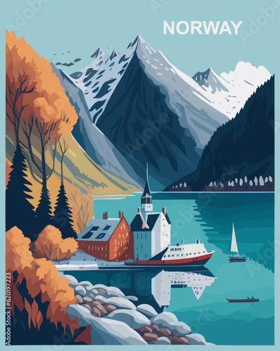 Colourful vintage poster design of the Norway