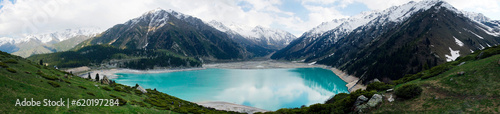 Panorama of spectacular scenic Big Almaty Lake , Tien Shan Mountains. Kazakhstan, Asia at summer