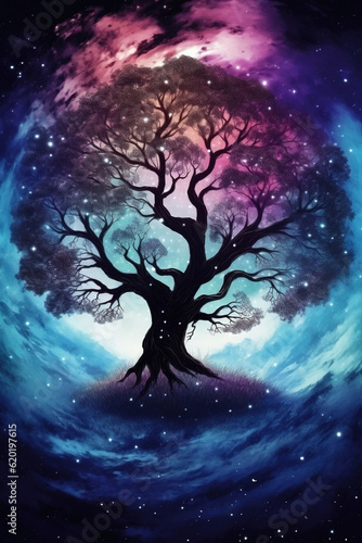 tree of life, abstract art, colorful art represents the power of the tree that connects to the universe
