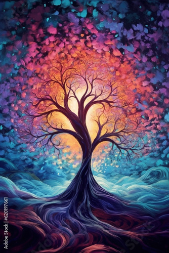 tree of life, abstract art, colorful art represents the power of the tree that connects to the universe