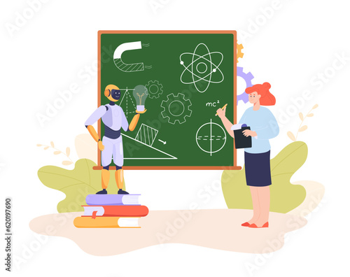 Teacher using STEM strategy at school vector illustration. Cartoon drawing of woman teaching science, technology, engineering, robot with bulb. Education, technology, programing, AI concept