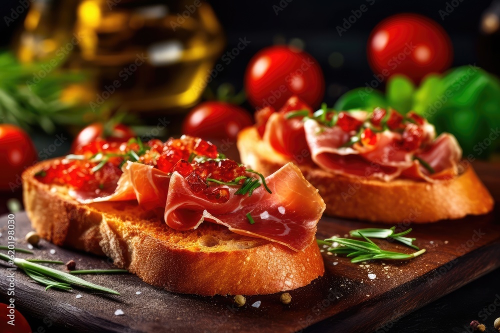 Bruschetta with prosciutto crudo or jamon garnished with red caviar on a wooden plate, italian food. Generative AI. Bruschetta with prosciutto crudo or jamon garnished with red caviar on a wooden plate, italian food. Generative AI.