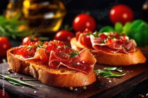 Bruschetta with prosciutto crudo or jamon garnished with red caviar on a wooden plate, italian food. Generative AI.