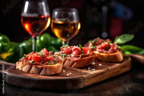 Bruschetta with prosciutto and tomatoes on a wooden board against the background of glasses with red wine. Generative AI.