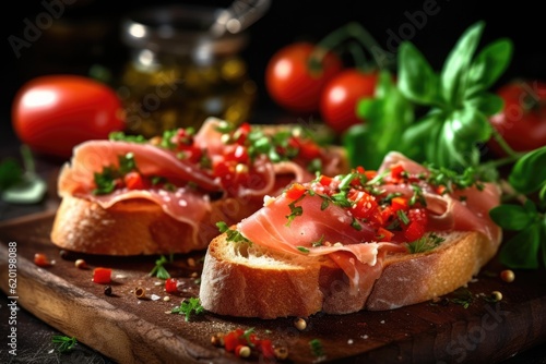 Bruschetta with prosciutto, tomatoes and basil. Generative AI.