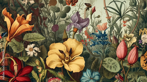 Vintage Botanical Flower Illustration with Detailed Floral Blooms and Plants Leaves - Aged Wallpaper or Background - Generative AI