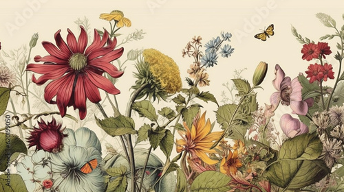 Vintage Botanical Flower Illustration with Detailed Floral Blooms and Plant Leaves - Aged Wallpaper or Background - Generative AI