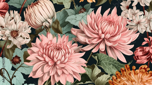 Vintage Botanical Flower Illustration with Detailed Floral Blooms and Plants Leaves - Aged Wallpaper or Background - Generative AI