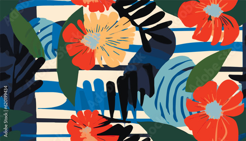 Abstract hand drawn exotic flowers striped print. Modern ornamental collage. Creative template for design.Ethnic style.