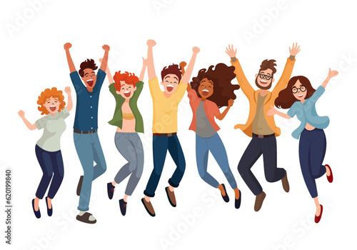 Group of Joyful Diversity Young People in Cheerful Action, Flat Style Cartoon Illustration. Friendship Concept.