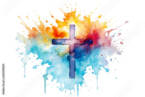 Christian Cross Against Colorful Watercolor Splashes Isolated on White Background, Religious Symbol